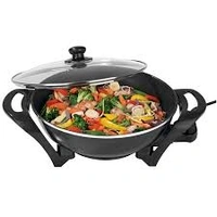 HEALTHY CHOICE LARGE ELECTRIC WOK, 4.5 LITRES CONTENTS 33CMx 9CM DEEP,1500 WATTS, TEMPRED GLASS LID, . EASY TO USE, EVEN COOKING, RECIPE BOOK INCLUDED