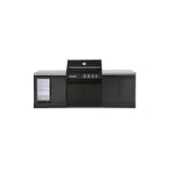Crossray XPlor Black 4B BBQ Kitchen with Single Fridge 2x Flat Benchtops Grey Sintered Stone GD4BLKKG-03