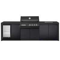 Crossray Xplor Black Outdoor Kitchen with 4 Burner Built-In Gas BBQ, Sink, Single Fridge and Black Sintered Stone Benchtops GD4KB-04