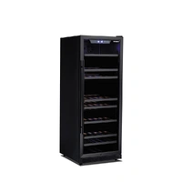 FREE STANDING MATT BLACK MK11 WINE COOLER. MATT BLACK DOOR FRAME, MATT BLACK DIAMOND CUT KICK PLATE, 8 PULL OUT SHELVES WITH MATT BLACK FRONT COVERS, 