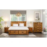Outback Queen Bed with Tallboy & Bedsides Package - Rustic Oak VO-OUTB-QTB -KIT